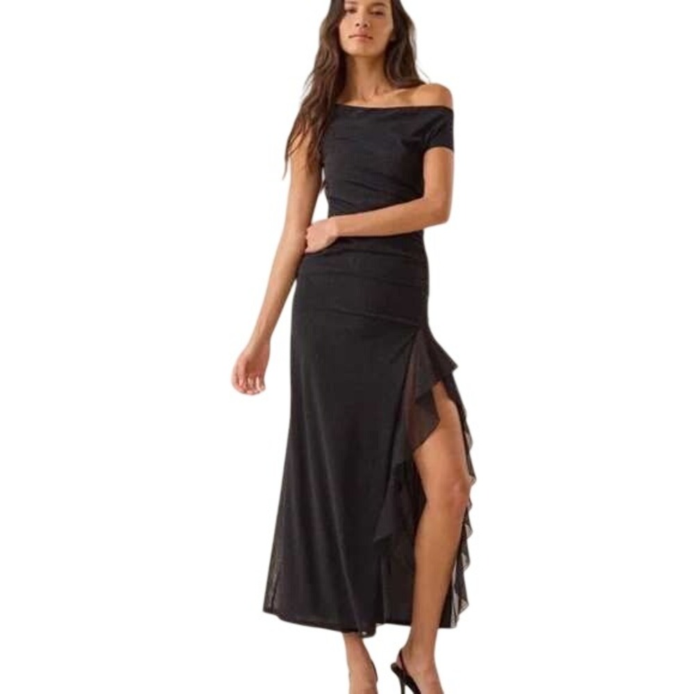 Altar'd State Kalea Mesh Maxi Dress Women M Black Glitter‎ Ruched Side slit